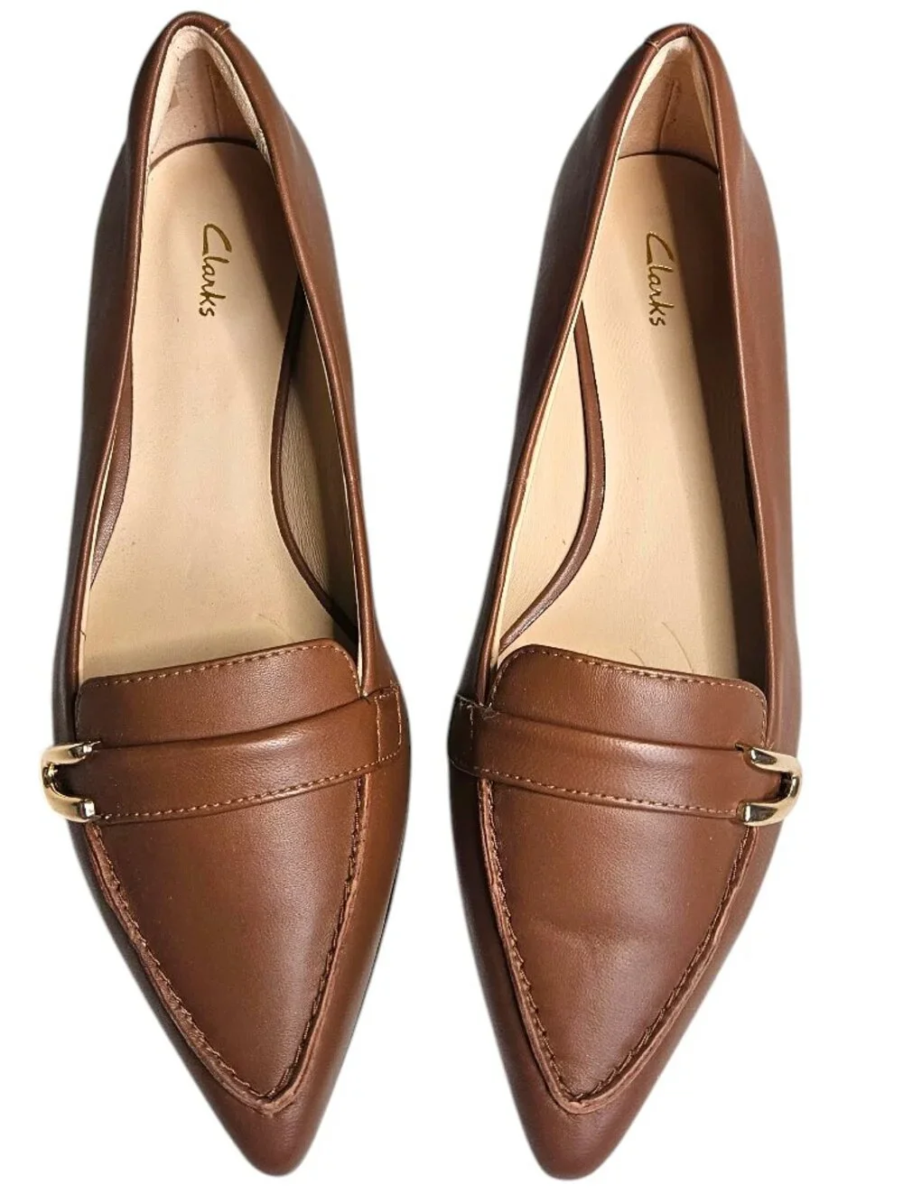 Clarks Laina 15 Buckle Dark Tan Leather Pointed Toe Loafer Flat, 7.5M, NWT
